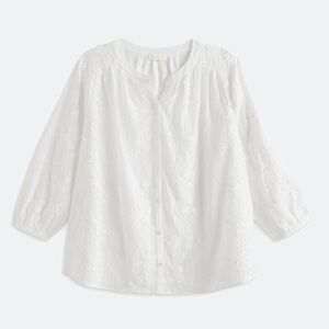 White Embroidered Button-Front Peasant Blouse